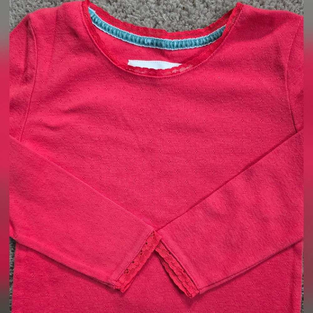 Boden Girl's Red Long Sleeve Tee Dainty Details Lace Trim Sz 5-6